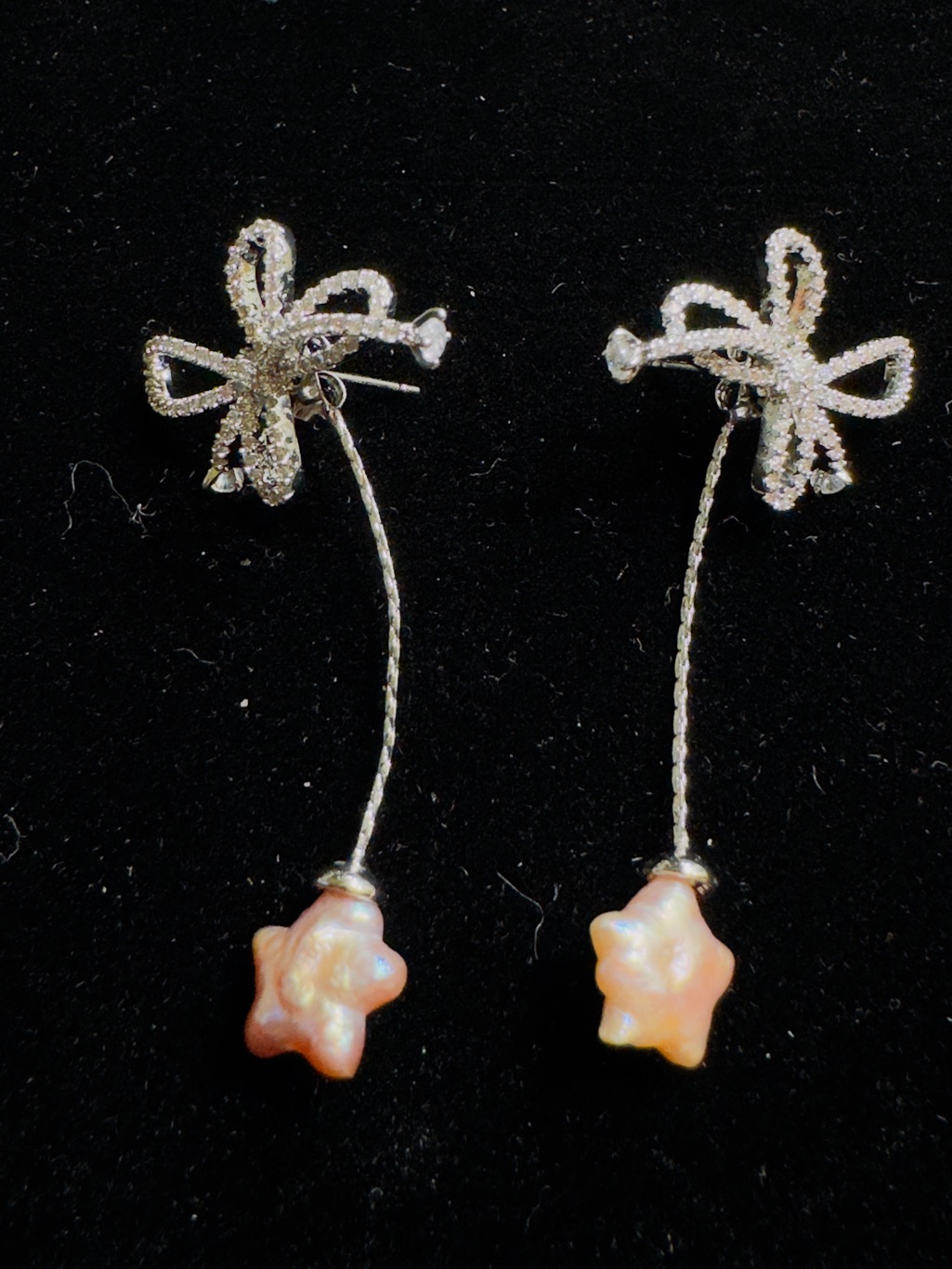 Elegant Silver Bow Drop Earrings With Pink Pearl Star Charms